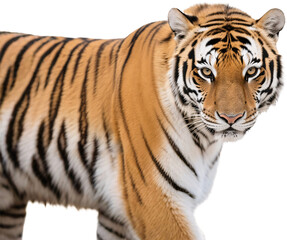 A striking side view of a fierce tiger as it locks its eyes onto the camera with an intense and aggressive expression showing raw power and natural dominance