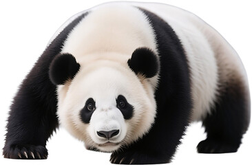 A full-body view of a huge panda with a calm yet focused stare as it stands steadily on all four legs showing its solid build and grounded presence