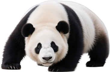 A full-body view of a huge panda with a calm yet focused stare as it stands steadily on all four legs showing its solid build and grounded presence