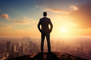 Fototapeta premium Man in silhouette against city background at sunrise