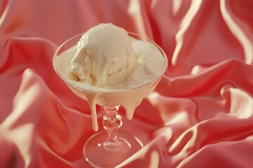 Melted ice cream scoop in a glass bowl on a pink satin surface.