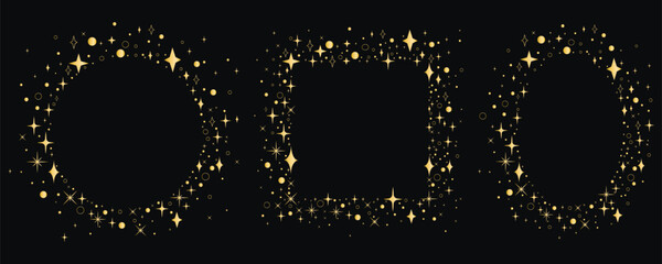 Obraz premium Set of golden frames for festive design. Square, round, oval empty shape. Frame of golden stars, sparkles and dust. Vector graphic