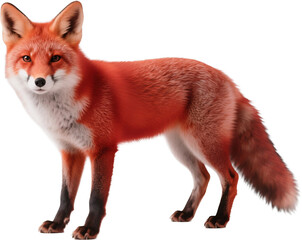 A striking red fox with vibrant fur and a bushy tail is captured mid-turn as it looks back with alert curiosity in a peaceful woodland scene