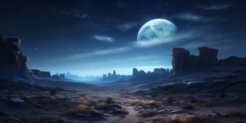 Moonlit desert landscape with glowing rocks and shimmering stars under a clear night sky