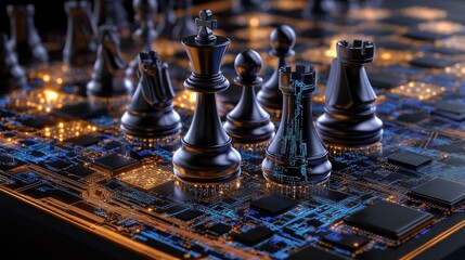 Black chess pieces stand on a glowing circuit board, blending classic strategy with the modern digital battlefield
