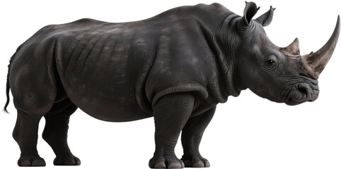 This giant rhinoceros is captured from the side showing off its huge horn and armor-like skin. A calm yet formidable presence in the wild with an unmistakable prehistoric look.