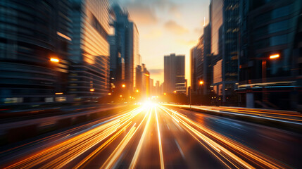 Fototapeta premium Vibrant cityscape at sunset, showcasing dynamic light trails from moving vehicles, creating sense of speed and energy