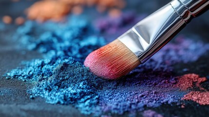 Fototapeta premium Close up of Makeup Brush in Vibrant Blue Purple and Red Eye Shadow Pigments