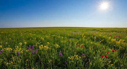 Fototapeta premium A rolling green meadow dotted with wildflowers beneath blue skies 