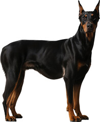 A sleek black and brown Dobermann stands in profile with upright ears and a firm gaze. Its cropped tail and muscular build add to its intense and alert appearance.