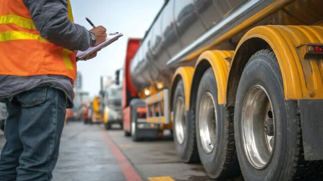 Logistics Supervisor and Transportation Inspection: Capturing an inspector, diligently taking notes and overseeing a fleet of transport vehicles, exemplifying safety and efficiency. 