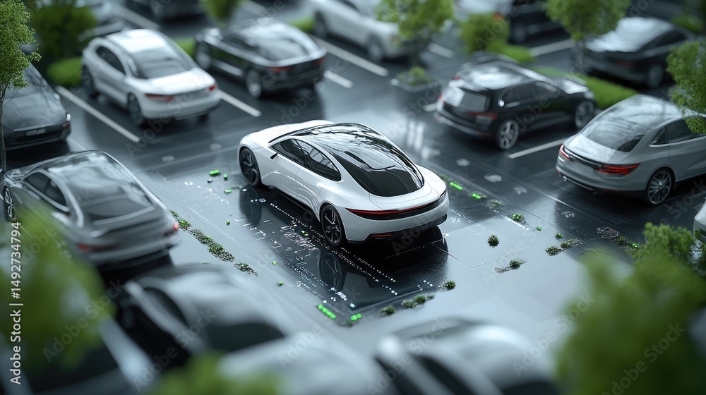 Poster autonomous vehicles park themselves in a high-tech smart parking system, showcasing seamless, futuri