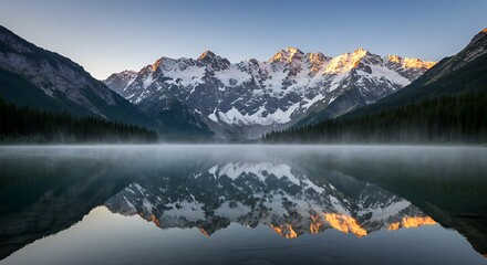 A tranquil mountain lake reflecting snow‑capped peaks at sunrise