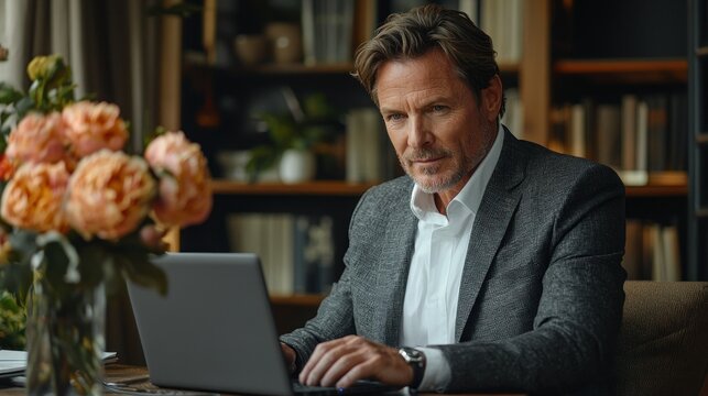 Focused man in blazer working on laptop - Powered by Adobe