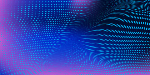 Fototapeta premium Abstract Waving Particle Technology Background Design. Abstract wave moving dots flow particles, hi-tech and big data background design for brochures, flyers, magazine, business card, banner. Vector