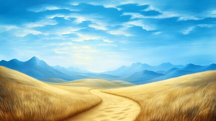 Scenic landscape of rolling hills with a path and distant mountains