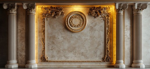 Beige stone wall with decorative golden trim and columns