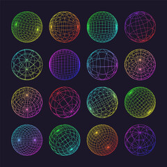 Neon wireframe shapes, lined sphere. Perspective mesh, 3d grid. Low poly geometric elements. Retro futuristic design elements, y2k, vaporwave and synthwave style. Vector illustration
