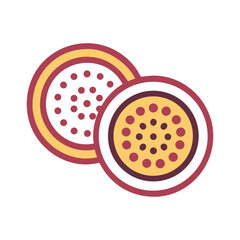 Passion fruit halves on black background, flat vector illustration