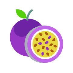 Illustrated passion fruit half with whole fruit still attached