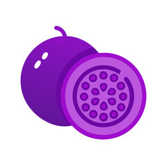 Vibrant purple passion fruit, whole and halved, flat design