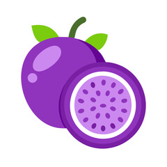 Two fresh passion fruits, one sliced in half, purple