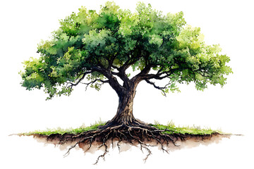 Majestic oak tree roots soil watercolor painting