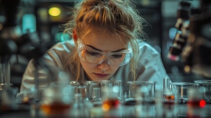 Focused young female scientist in lab coat, safety glasses, examining lab glassware