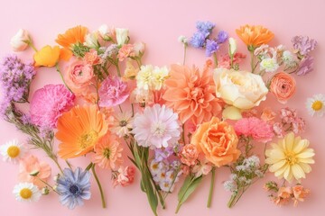 A vibrant heart-shaped arrangement of various flowers on a soft pink background. showcasing a celebration of nature's beauty. perfect for spring-themed designs or romantic occasions
