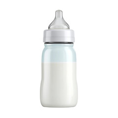 Baby bottle with milk, ready for feeding. The bottle is clear plastic with a white nipple