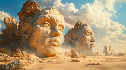 Sculpted faces rising above arid landscape under a bright blue sky