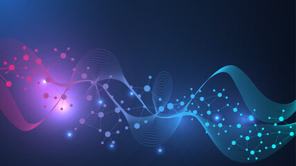 Modern abstract molecules structure for science or medical background. DNA helix or atom visualization. Molecular wave flow abstract background. Vector illustration