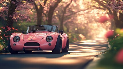 Pink roadster in a blossoming spring lane