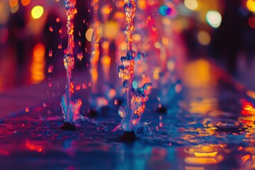 Colorful Water Fountain Display at Night with Bright Illuminations and Reflections Creating a Captivating Urban Scene for Artistic and Architectural Purposes