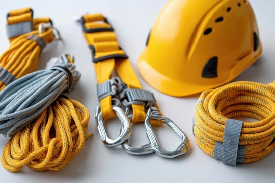 Safety equipment for construction and climbing with harnesses and helmet displayed on a surface - Powered by Adobe