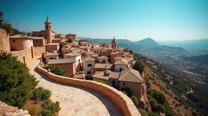 Obraz premium Vivid Monfrague in Spain bathed in sunlight, captured at midday from a panoramic perspective.