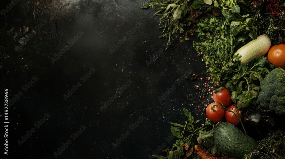 Poster fresh vegetables and herbs on dark background; copy space.