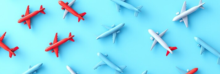 A vibrant flat lay of miniature airplanes in various colors on a bright blue background. showcasing a playful travel theme perfect for aviation enthusiasts and marketing materials