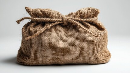 A burlap sack tied with a rope on a white background in a studio setting