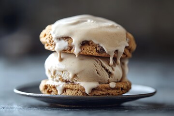 Delicious ice cream sandwich, drizzled with sugary glaze.