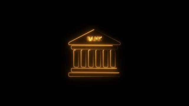 Glowing neon bank building illuminate icon. 4k animation