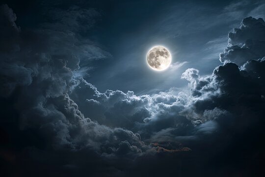 Serene Night Sky: Full Moon Illuminating Dramatic Cloudscape - Powered by Adobe