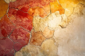 Obraz premium Ancient wall with red and yellow stone mosaic, showing age and texture.