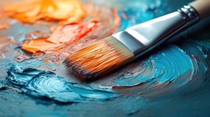 Obraz premium Artist s Paintbrush on Vibrant Oil Paint Palette Close Up View
