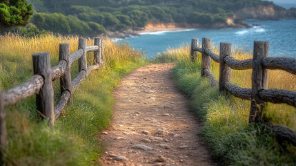 coastal path with rustic wooden fence and tall grass overlooking ocean