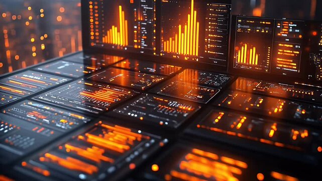 Futuristic Orange Data Visualization With Glowing Panels, Digital Information and High Tech Communication Concept For Adobe Stock