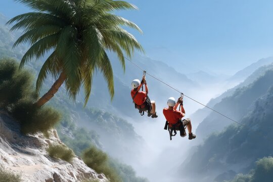 Two friends ziplining over mountainous terrain on a sunny day in a scenic outdoor adventure location - Powered by Adobe