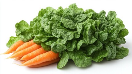 A close up shot of fresh carrots and lettuce on a white surface background