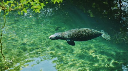 Fototapeta premium Manatee Swimming Gracefully in Clear Aquatic Environment Surrounded by Lush Greenery Underwater