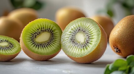 Close up shot of sliced kiwi fruits with whole kiwis in a blurred background